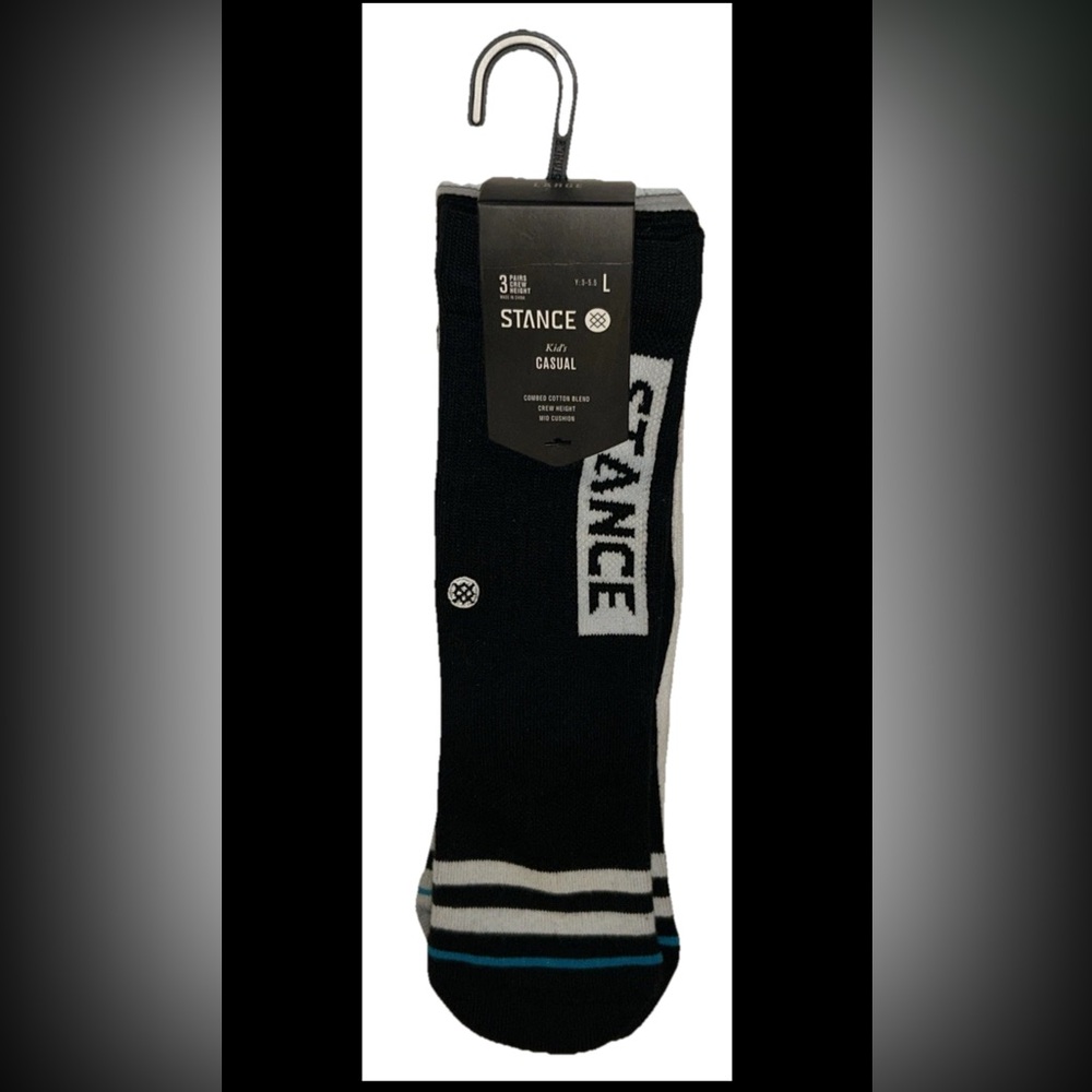 Stance Kids Casual Crew Socks 3 Pair Youth L 3-5.5 Black White Gray w Logo NEW!